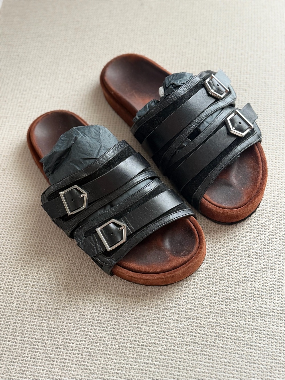 Zara SPLS Black Leather Slide Sandals with Brown Footbed